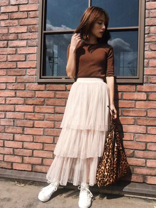 Mesh tiered skirt [WHITE/PINKBEIGE]