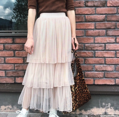Mesh tiered skirt [WHITE/PINKBEIGE]